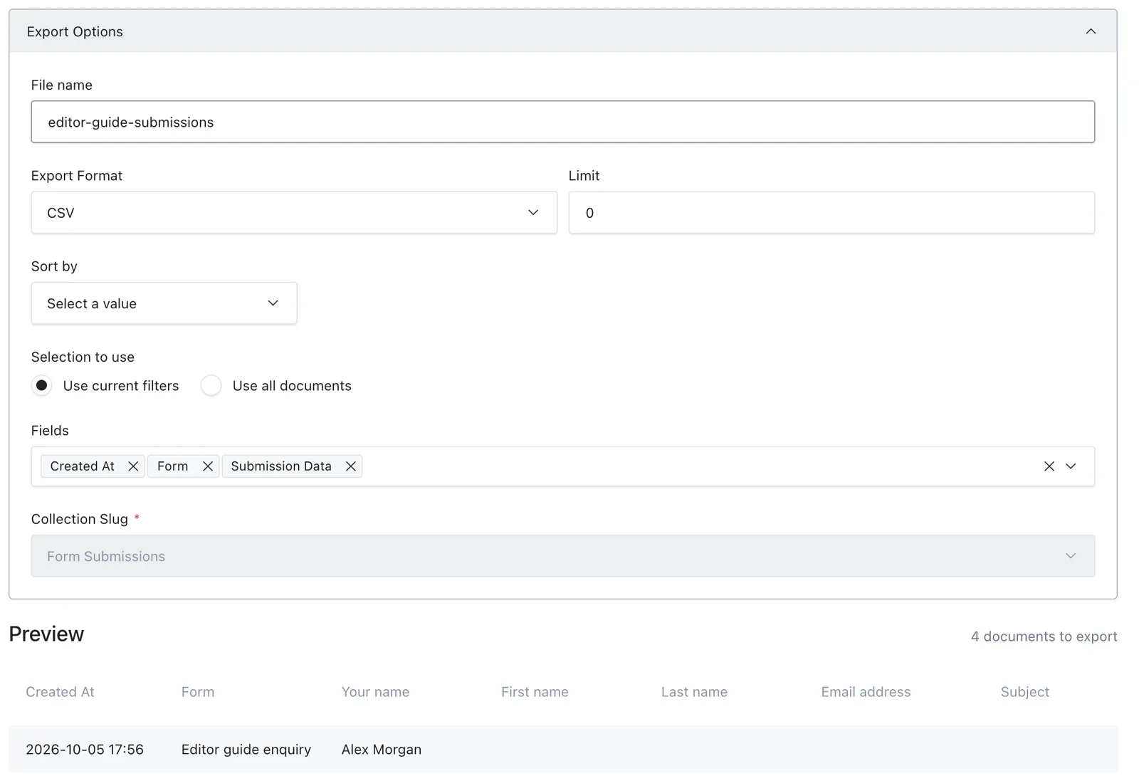 Export drawer with current filters, selected fields and a preview containing the Your name answer