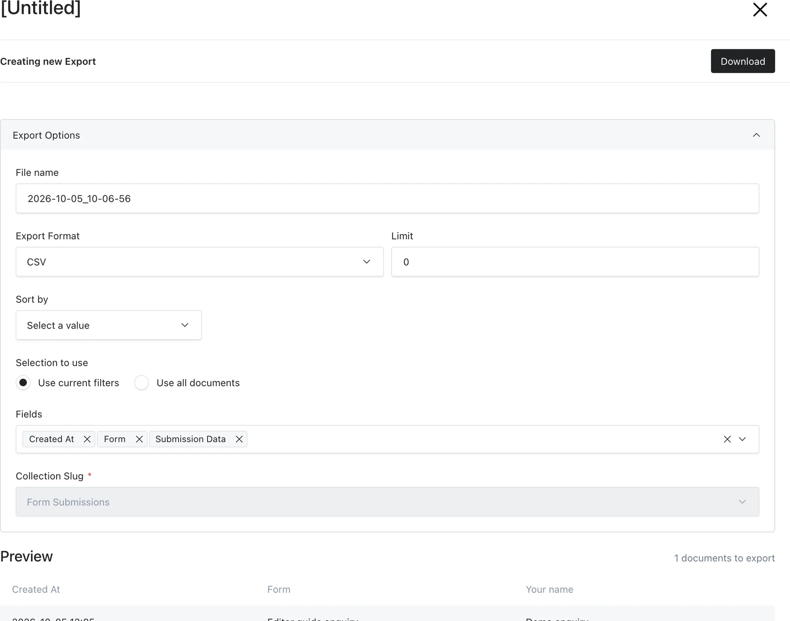Export drawer with current filters, selected fields and a preview containing the Your name answer