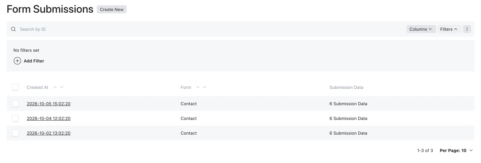 Form Submissions list with Form and equals filter controls above one test response