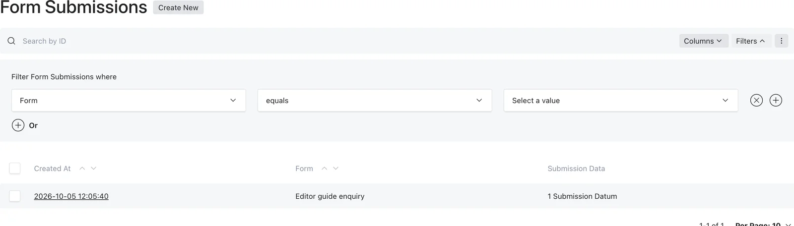 Form Submissions list with Form and equals filter controls above one test response