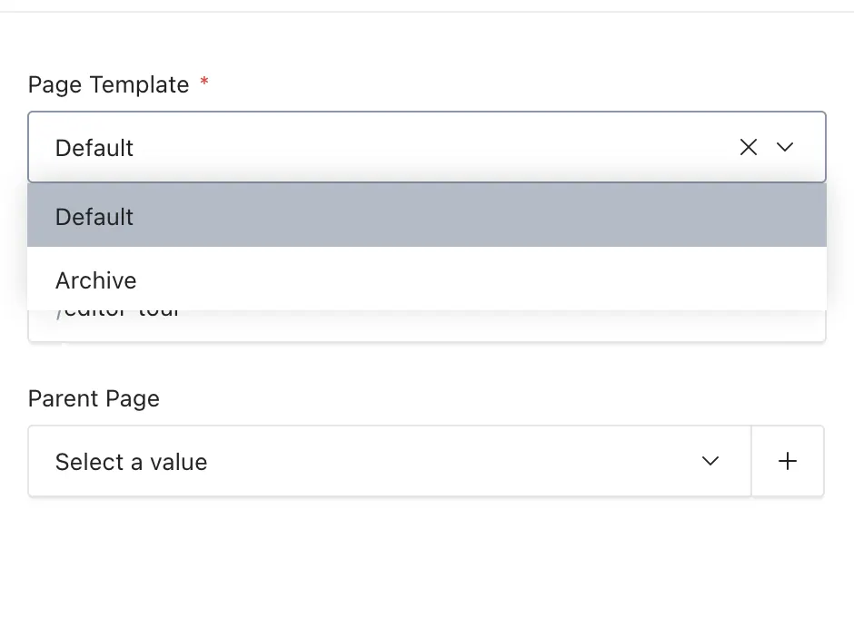 The Page Template picker offering Default and Archive