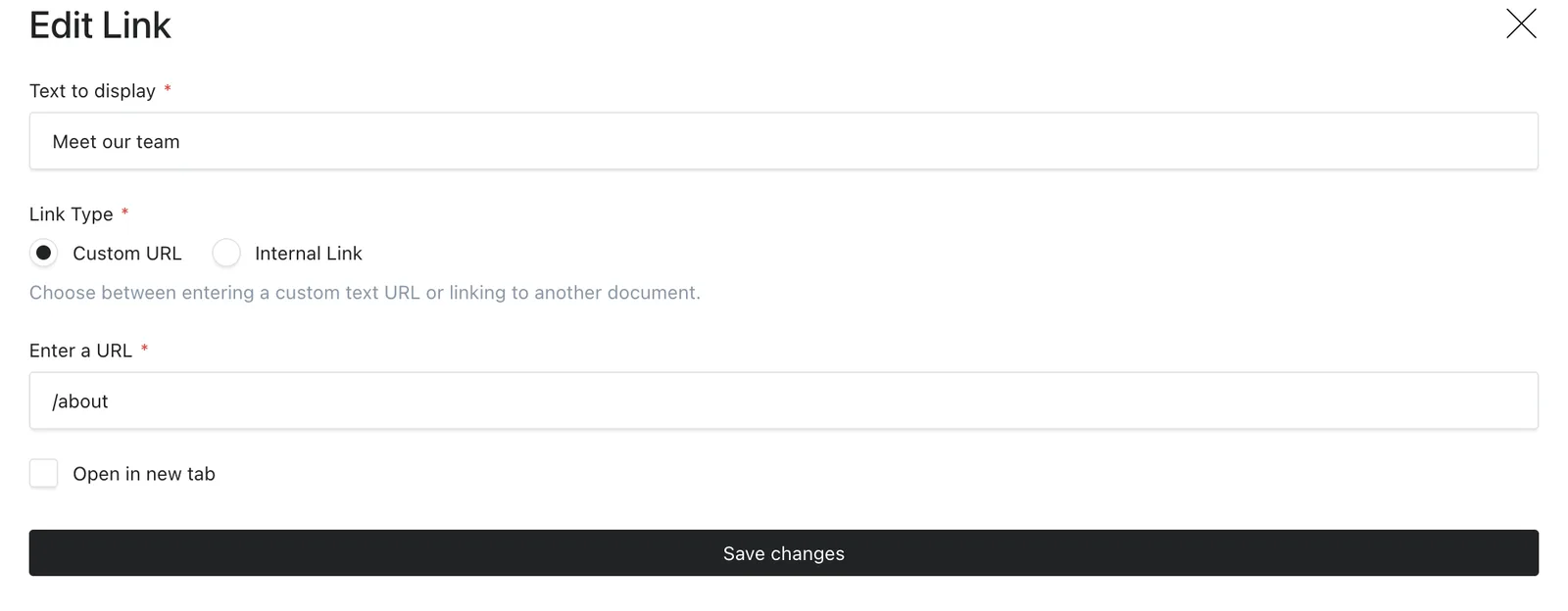 The Edit Link drawer with display text, link type, destination, and Open in new tab