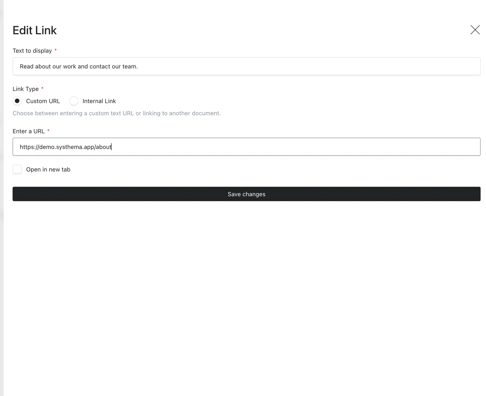 The Edit Link drawer with display text, link type, destination, and Open in new tab