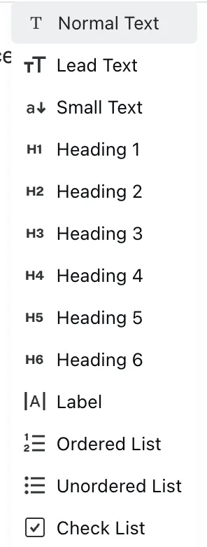 The text menu with Normal Text, Lead Text, Small Text, Heading 1 through Heading 6, Label, and list choices