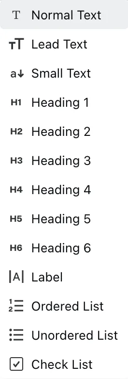 The text menu with Normal Text, Lead Text, Small Text, Heading 1 through Heading 6, Label, and list choices