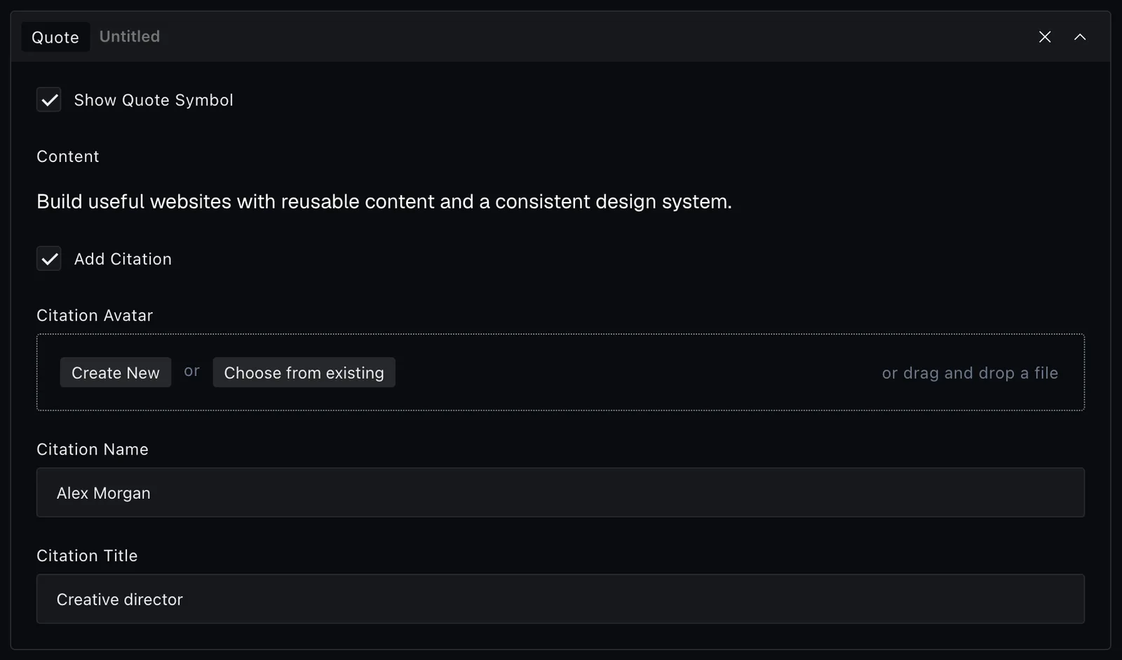 A Quote block with Show Quote Symbol and Add Citation settings
