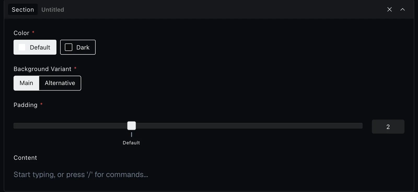 A Section block in the editor with color, background, padding, and content fields