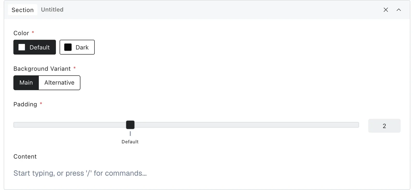 A Section block in the editor with color, background, padding, and content fields