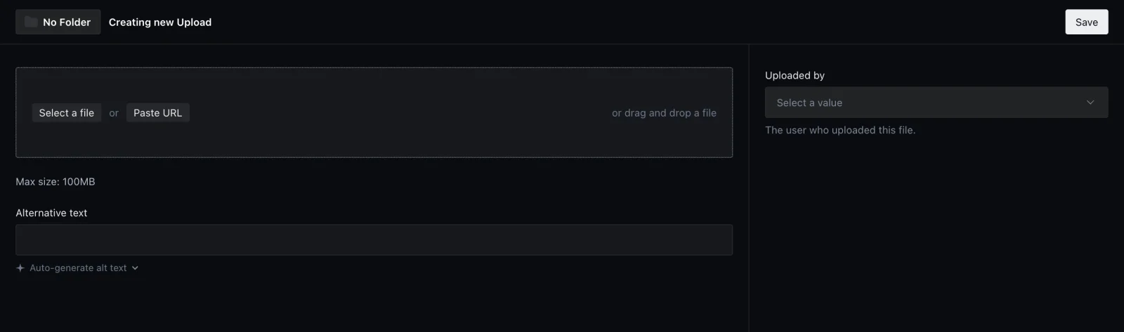 Upload area with Select a file, Paste URL and the maximum file size