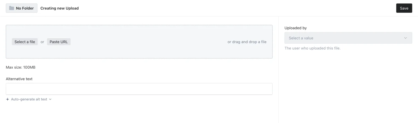Upload area with Select a file, Paste URL and the maximum file size
