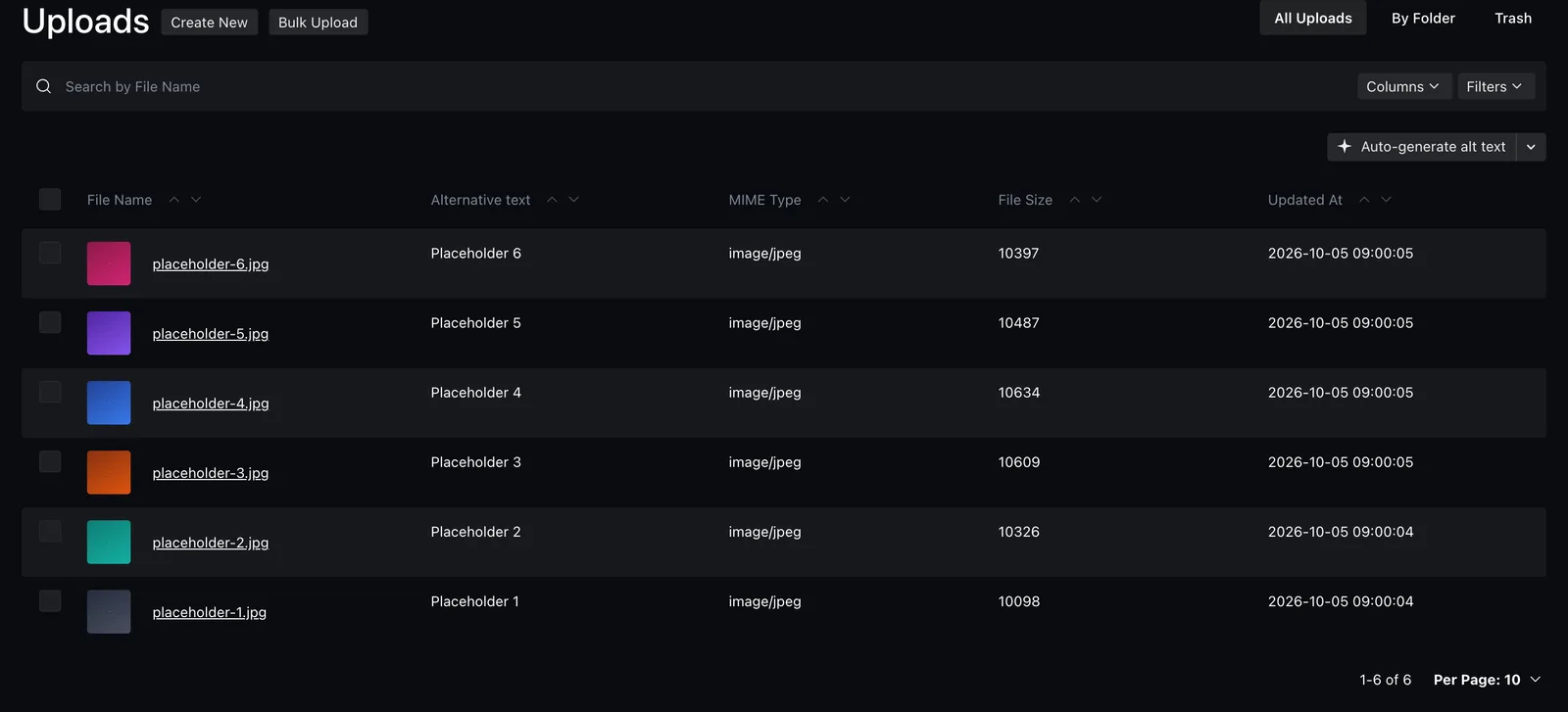 The Uploads collection with filenames, alternative text and MIME types