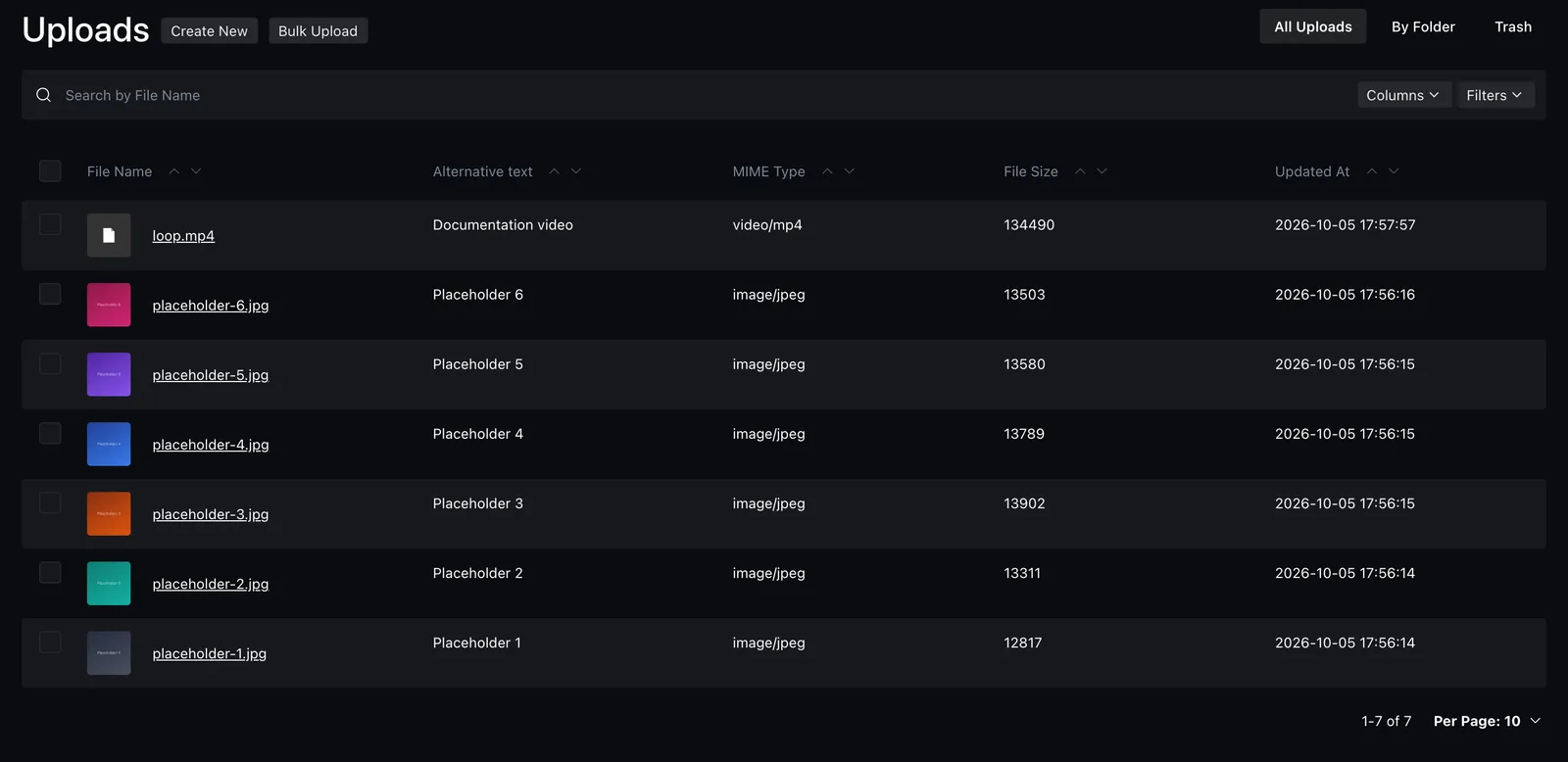 The Uploads collection with filenames, alternative text and MIME types
