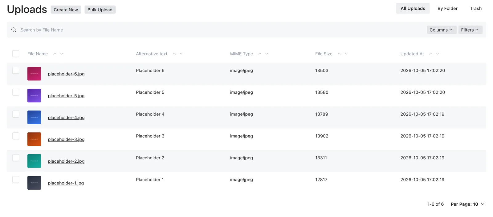 The Uploads library with filenames, alternative text, file types, sizes, and search controls