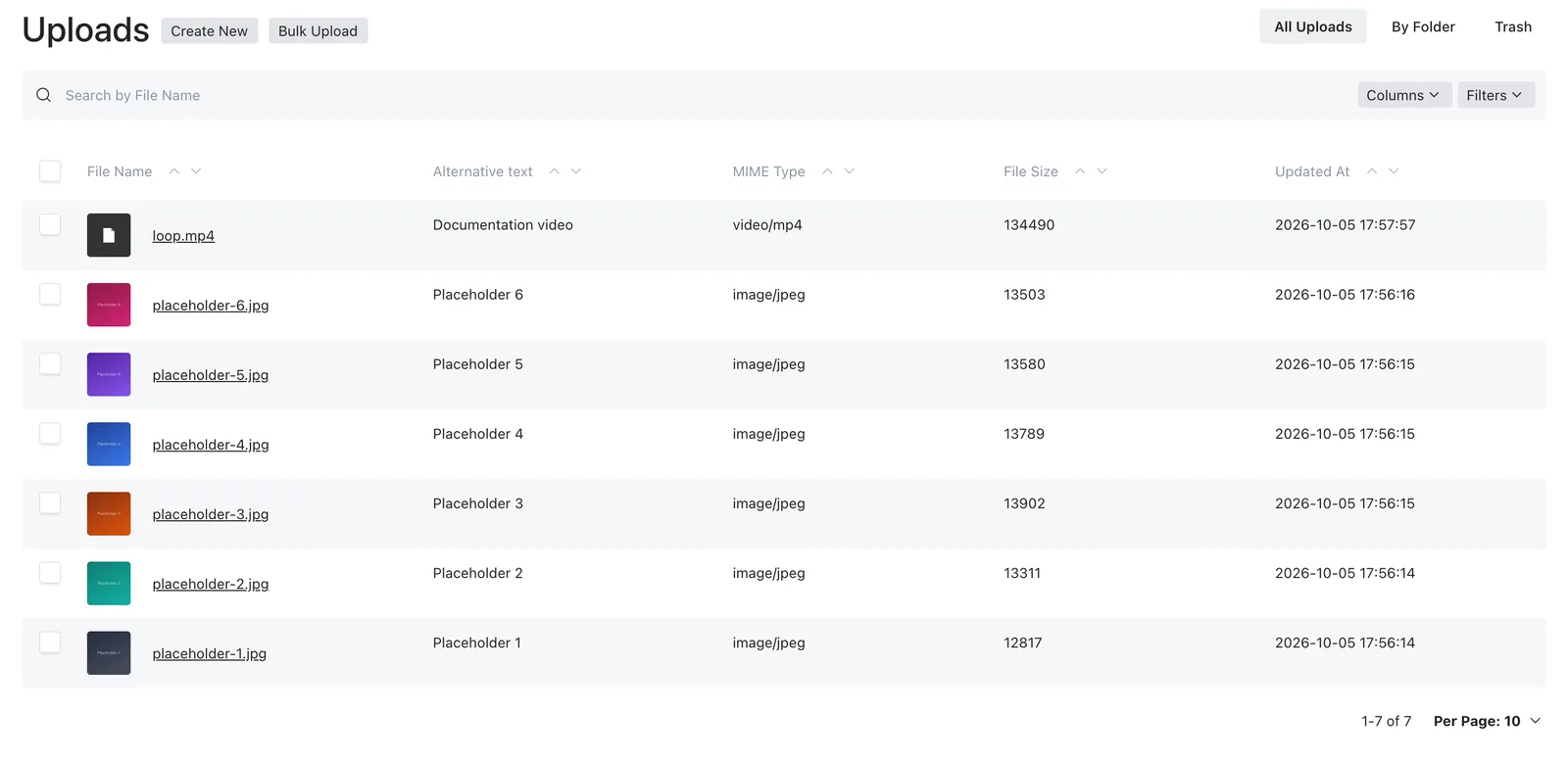 The Uploads collection with filenames, alternative text and MIME types