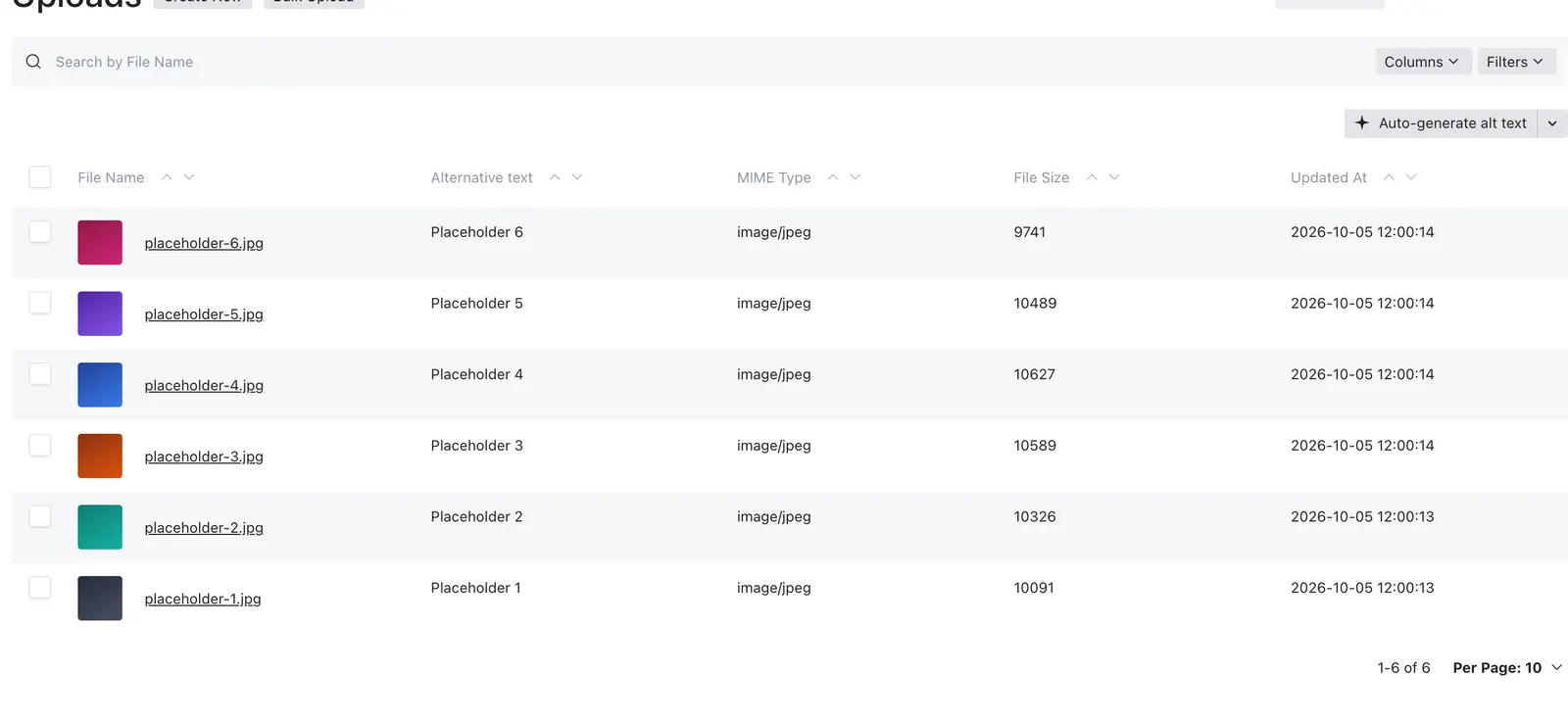 The Uploads library with filenames, alternative text, file types, sizes, and search controls