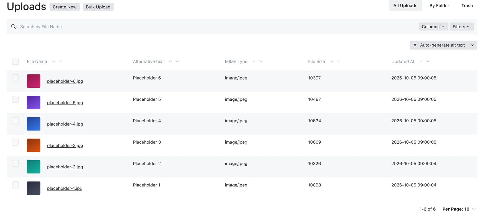 The Uploads collection with filenames, alternative text and MIME types