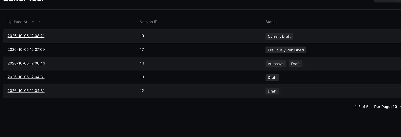 The Versions list with Current Draft, Previously Published, Autosave Draft, and Draft entries