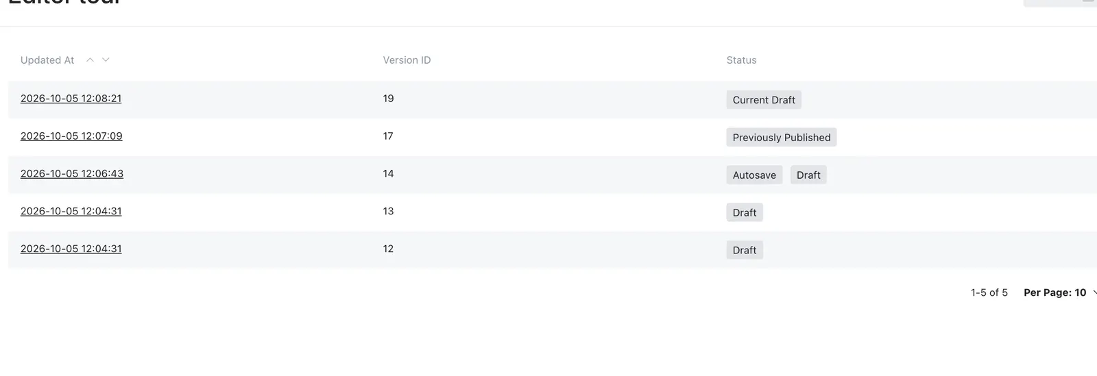 The Versions list with Current Draft, Previously Published, Autosave Draft, and Draft entries