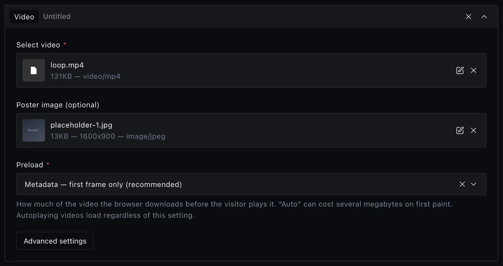 The video block fields in the Payload editor