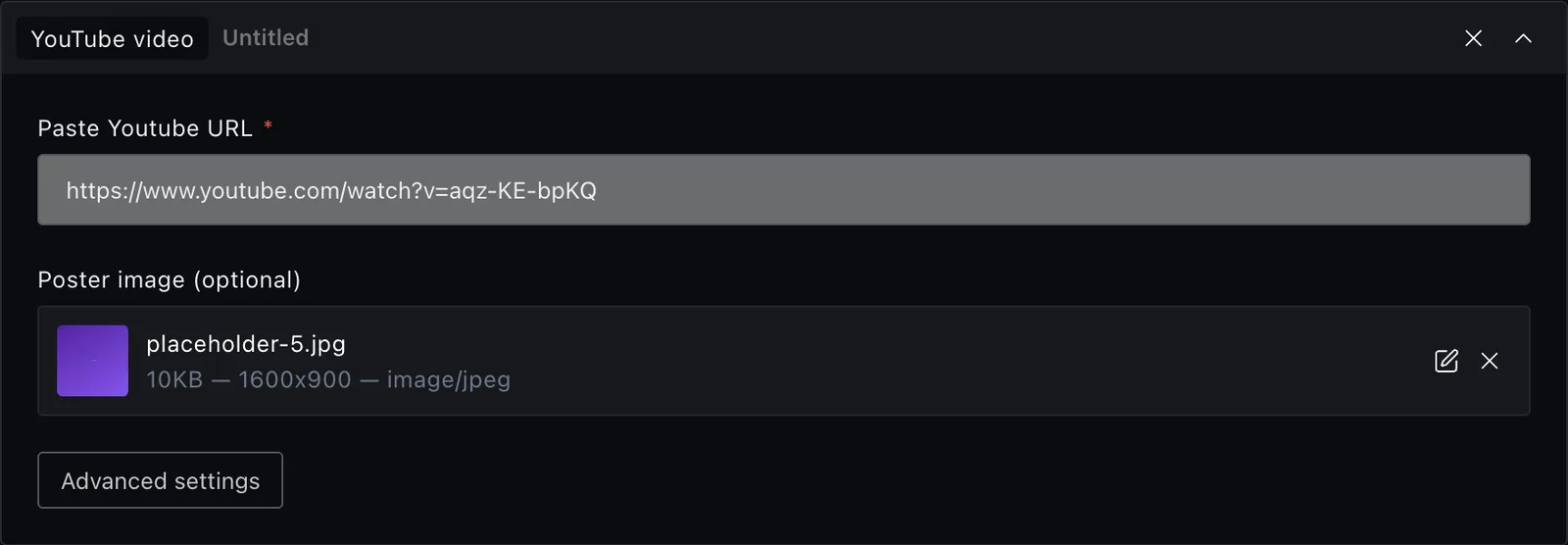 The youtube block fields in the Payload editor