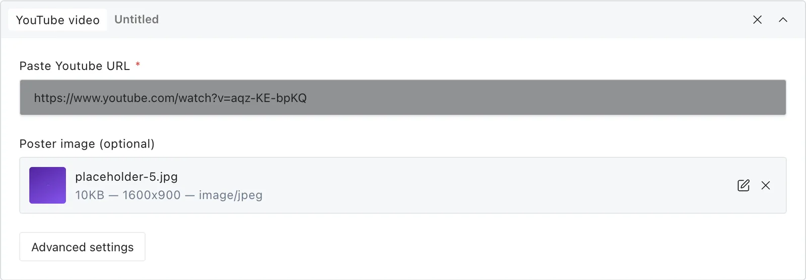 The youtube block fields in the Payload editor