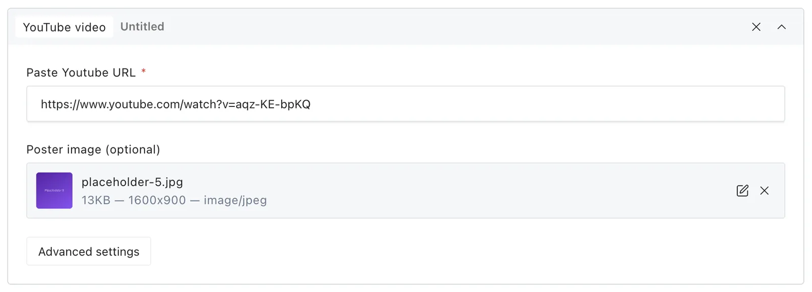 The youtube block fields in the Payload editor